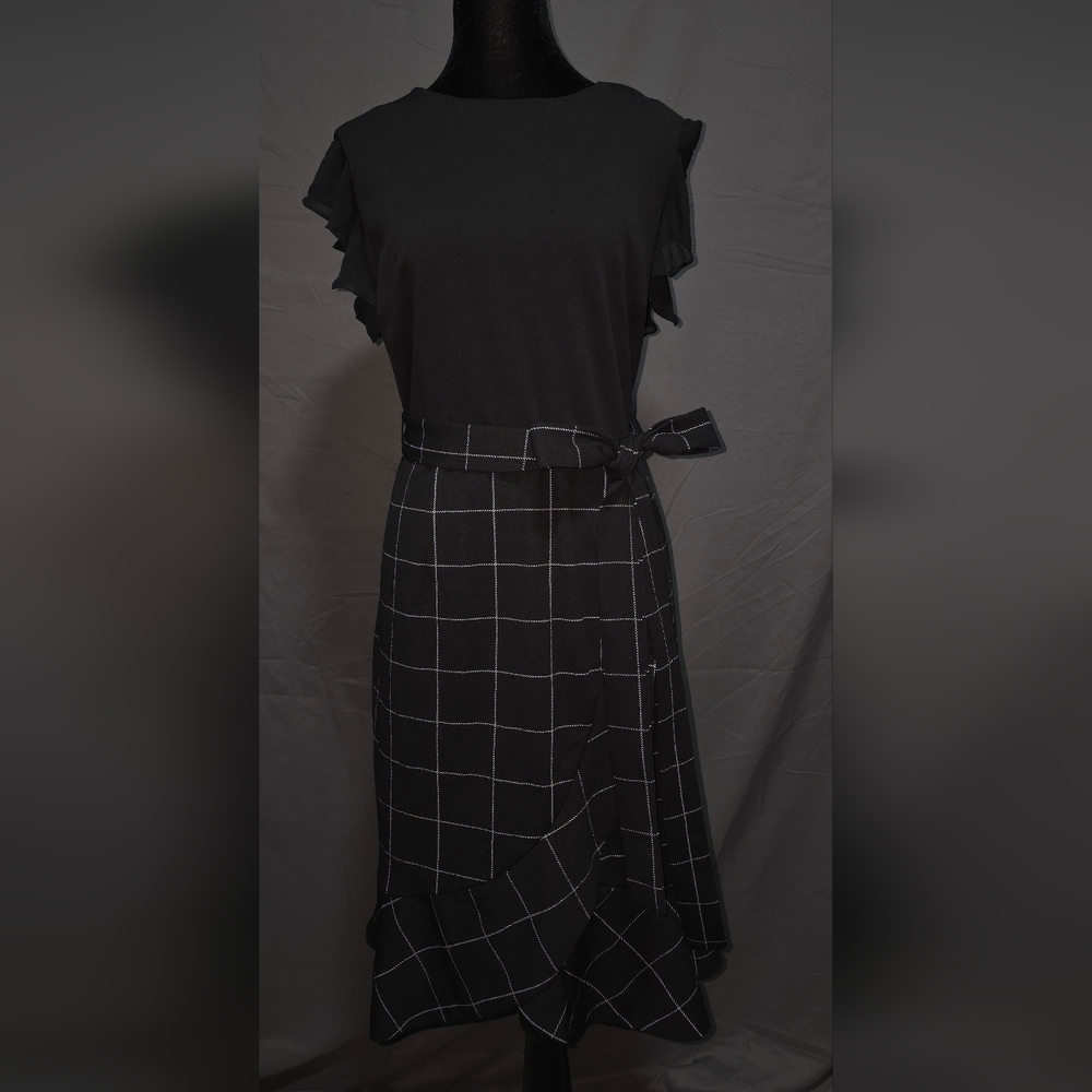 Black Checkered Dress with Ruffle Sleeves